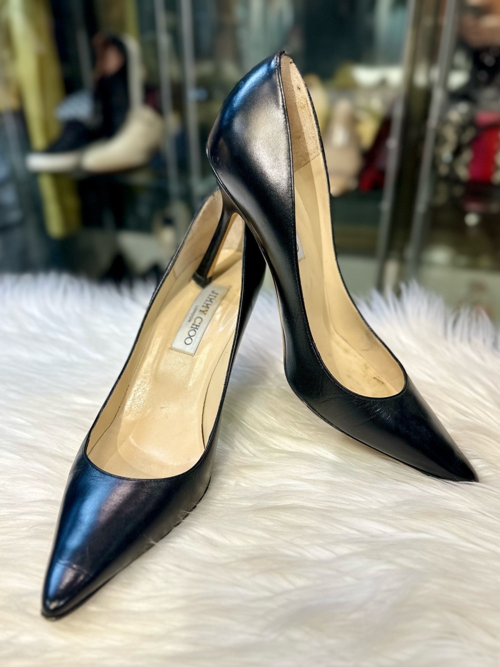 Jimmy Choo Black Pointed-Toe Leather Stilettos